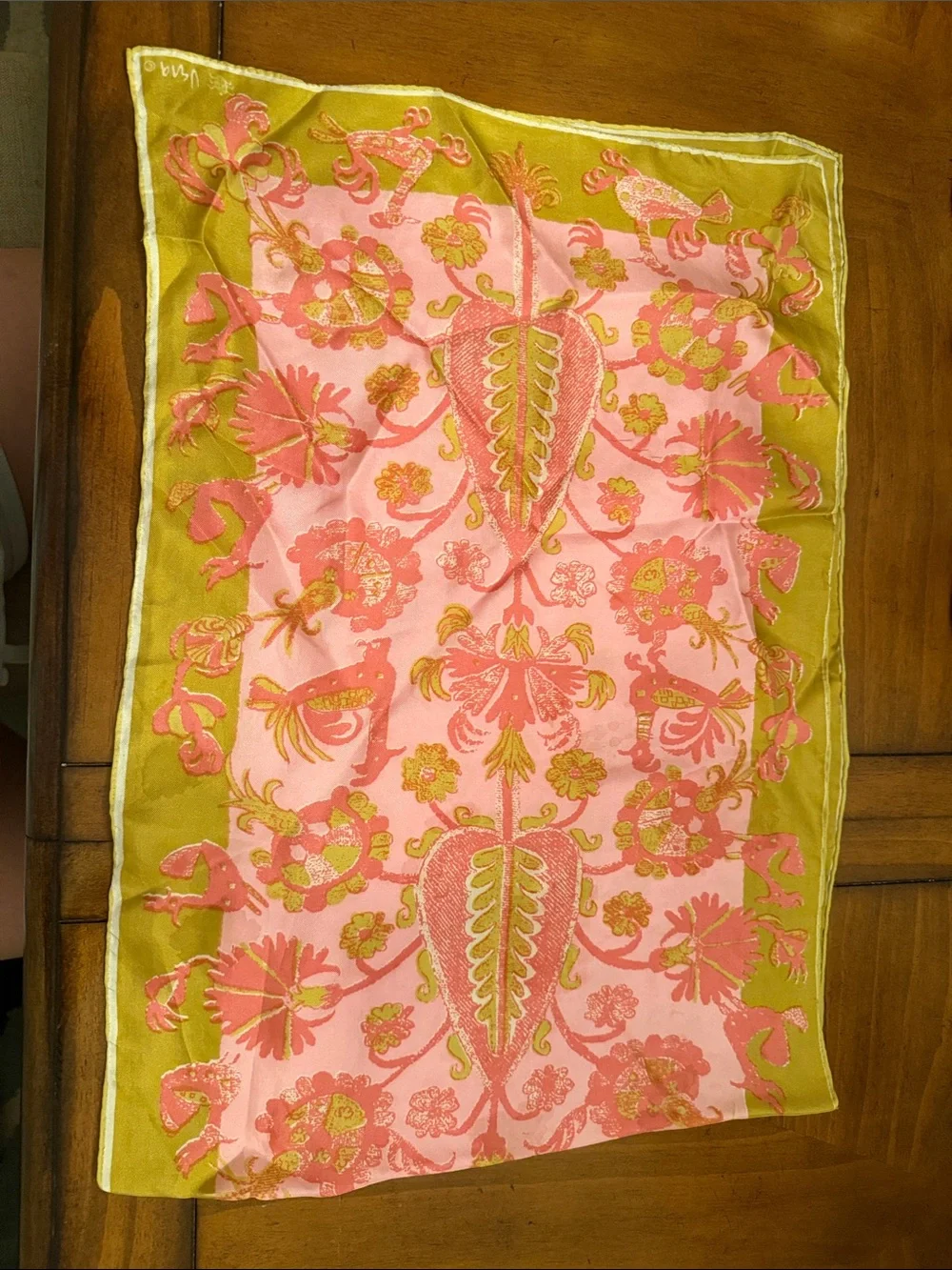 Vera Vintage Pink and Olive Floral Silk Scarf 44x15 Pink & Gold